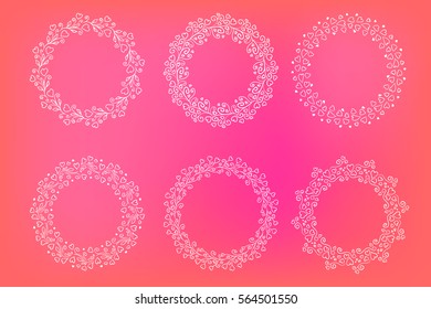 vector round hand drawing frame to valentine day or wedding, white on pink background