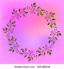 vector round hand drawing frame color leaves green on pink background