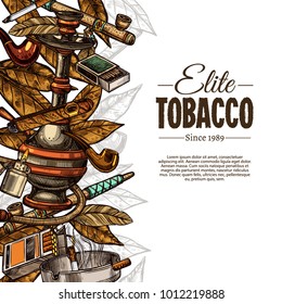 Vector round hand drawn posters with tobacco and smoking collection. Colorful sketch background with cigarettes, cigars, hookah, tobacco leaves, pipes