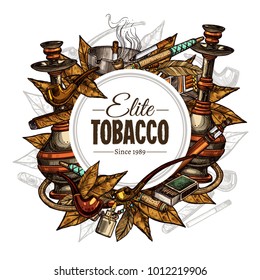 Vector round hand drawn posters with tobacco and smoking collection. Colorful sketch background with cigarettes, cigars, hookah, tobacco leaves, pipes