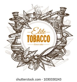 Vector round hand drawn posters with tobacco and smoking collection. Monochrome sketch background with cigarettes, cigars, hookah, tobacco leaves, pipes