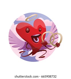 Vector round heavenly frame with cartoon image of a funny red heart with lilac wings and a golden halo, with two gold wedding rings in hands, smiling on a white background. St. Valentine's Day, love. 