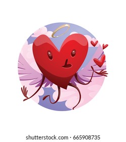 Vector round heavenly frame with cartoon image of a funny red heart with lilac wings and a golden halo, flying and blowing kisses on a white background. St. Valentine's Day, love. Vector illustration.