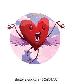 Vector round heavenly frame with cartoon image of a funny red heart with lilac wings and a golden halo, flying and laughing on a white background. St. Valentine's Day, love. Vector illustration.