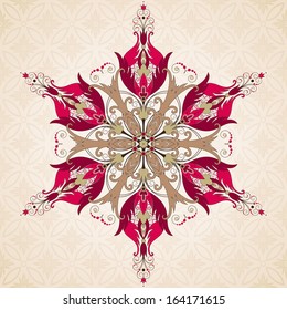 Vector round hexagonal floral pattern in vintage style. Beautiful flowers with leaves and berries. Seamless delicate background.