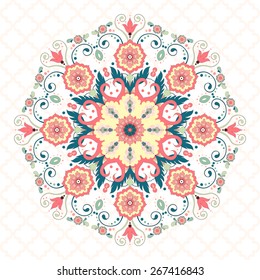 Vector round hexagonal floral pattern in modern style. Seamless moroccan tiles ornament. 