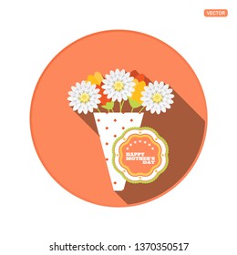Vector round icon with bouquet of different flowers and label for Happy Mother's Day on the red background with shadow.
