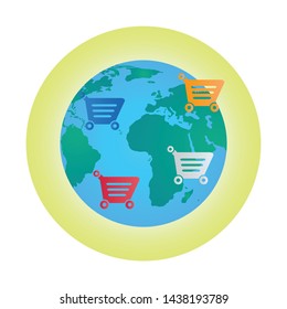 vector round icon business globe with baskets of consumption, e-commerce, online sale, online store, internet, sale isolated on white eps 10