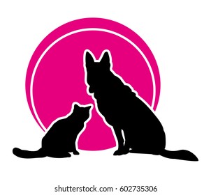 Vector round icon. Cat and dog on the background of magenta circle. Vector illustration