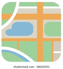 vector round icon of clean city map with roads, green zone, river, lake - isolated flat design illustration