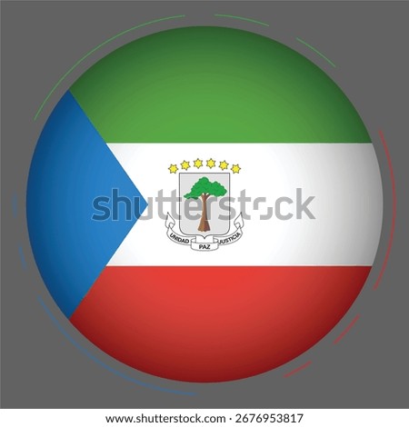 Vector round icon of Equatorial Guinea national flag with green, white, red, blue stripes and coat of arms.