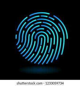 vector round icon fingerprint - symbol of finger in line art design on black background - neon blue cyan color

