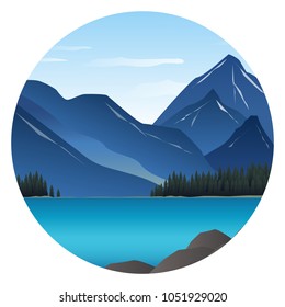 Vector round icon with landscape illustration in flat design. Perfect for web design development, web page, flyer, promotion, application. Beautiful mountains with lake