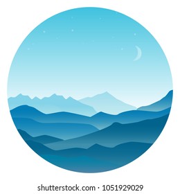 Vector round icon with landscape illustration with mountains in flat design. Perfect for web design development, web page, flyer, promotion, application.