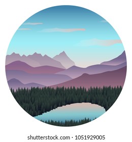 Vector round icon with landscape with mountains illustration in flat design. Perfect for web design development, web page, flyer, promotion, application. 