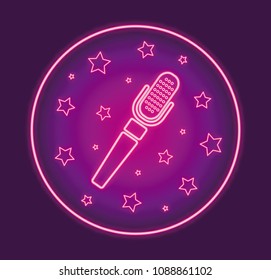 vector round icon with neon microphone.