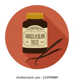 Vector round icon of package of vanilla bean paste with long shadow | Vanilla bean paste package circle icon with two vanilla beans next to it