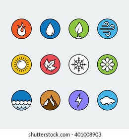 Vector Round Icon Set Of Fire, Water, Earth And Air Elements And Seasons Of Year In Colorful Thin Line Style