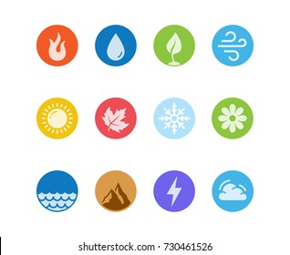 Vector round icon set of fire, water, earth and air elements and seasons of year in flat design style