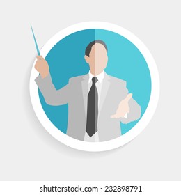 Vector round icon silhouette successful man researcher with pointer and open gesture flat design style for business, teaching school or college, work, market research, search right decisions