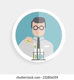 Vector round icon successful man in tie, shirt with flasks and chemical liquids flat design style for business, teaching in school or college, work, market research, search right decisions