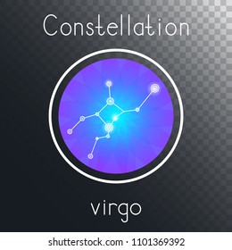Vector round icon with Zodiac constellation VIRGO on a transparent background with inscription. Colored.