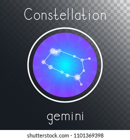 Vector round icon with Zodiac constellation GEMINI on a transparent background with inscription. Colored.