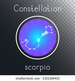 Vector round icon with Zodiac constellation SCORPIO on a transparent background with inscription. Colored.