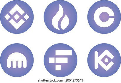 Vector round icons of cryptocurrency exchanges. Binance, Huobi Global, Coinbase Exchange, FTX, Kraken, KuCoin, round icons are filled with a gradient in purple hues. 