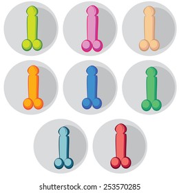 Vector round icons of penis in bright different colors on gray background