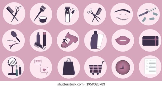 Vector round icons for social networks with hairdressing tools, gift card, package and shopping cart. Social media elements for design.