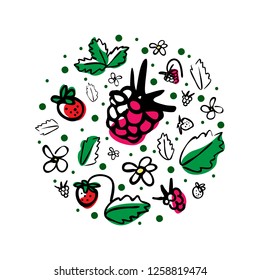 Vector round illustration with berries, flowers and leaves on a white background. Excellent for the design of children's products. Hand drawn