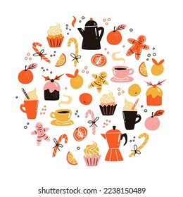 Ilustración circular vectorial con bebidas y comida navideñas. Copas con café, té, chocolate caliente con crema batida y pan de jengibre, pasteles, copas y clementinas.