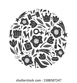 Vector round illustration with female and feminism symbols and objects. Feminism concept isolated on white background. Girl power.