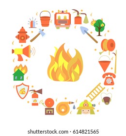 Vector round illustration with flat icons of firefighting items and symbols.  Set of fire fight objects arranged in a circle. Concept design.