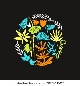 Vector round illustration with hand drawn textured prehistoric plants. Naive kid drawn style. Tropical herbs.