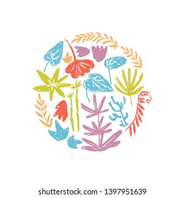 Vector round illustration with hand drawn textured prehistoric plants. Naive kid drawn style. Tropical herbs.