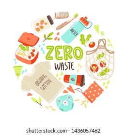 Vector round illustration with hand drawn elements of zero waste life.  No plastic. Go green, stop pollution