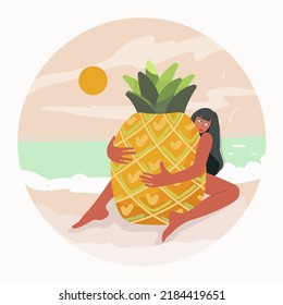 Vector round illustration with a huge pineapple and a girl hugging him on the background of the ocean, coast, vacation mood, summer vibes.