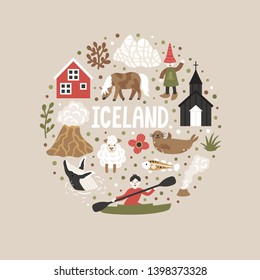 Vector round illustration from icon set of Iceland's symbols. Travel illustration with Icelandic landmarks, people, animals and symbols. Scandinavian nature.