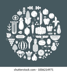 Vector round illustration with linear stylized fruits and vegetables. Isolated picture can be used as decoration for banners, flayers, prints, posters. Healthy food, vegetarian, farmers market concept