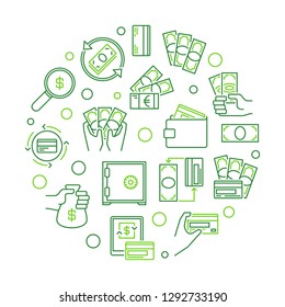 Vector round illustration made with money, cash, credit card and banknote outline icons in circle shape