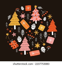 Vector round illustration on black background. Fir trees and christmas presents in simple doodle style. Ideal for Christmas holidays cards, posters and design