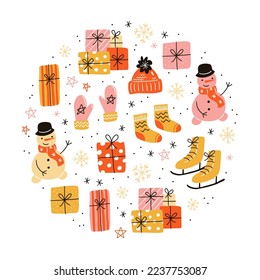 Vector round illustration on light background. Mittens and warm socks and hats for winter holidays, snowman and presents. Cozy winter texture for gifts, wrapping paper and others.
