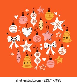 Vector round illustration on red background. Christmas tree toys and decorations for winter holidays. Cozy winter texture for gifts, wrapping paper and others.