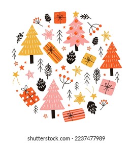 Vector round illustration on white background. Fir trees and christmas presents in simple doodle style. Ideal for Christmas holidays cards, posters and design