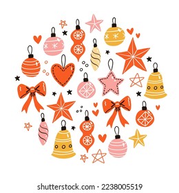 Vector round illustration on white background. Christmas tree toys and decorations for winter holidays. Cozy winter texture for gifts, wrapping paper and others.