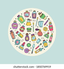 Ilustración circular vectorial con botellas de perfume, beakers y aceites esenciales. Preparación de perfumes.