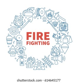 Vector round illustration with thin line icons of firefighting items and symbols.  Set of fire fight objects arranged in a circle. Linear design.