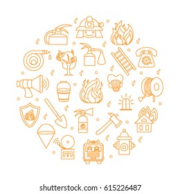 Vector round illustration with thin line icons of firefighting items and symbols.  Set of fire fight objects arranged in a circle. Linear design.